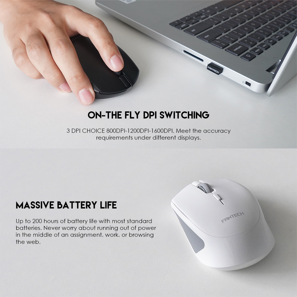 FANTECH W190 DUAL MODE 2.4Ghz and Bluetooth Wireless Mouse Up to 200 Hours Of Battery Mini Mute Silent Office Mouse Mice