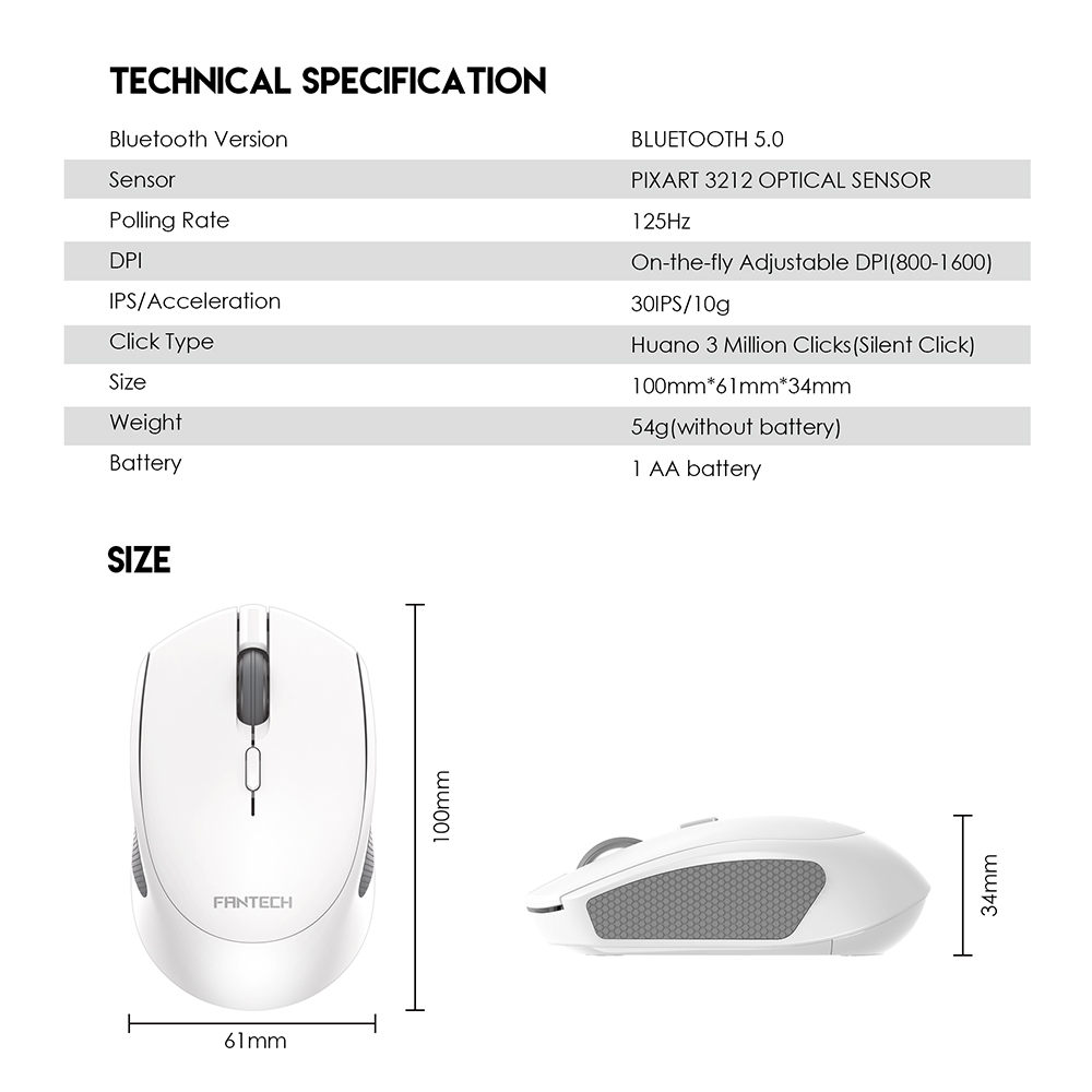 FANTECH W190 DUAL MODE 2.4Ghz and Bluetooth Wireless Mouse Up to 200 Hours Of Battery Mini Mute Silent Office Mouse Mice