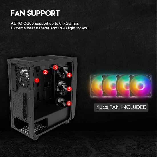 Fantech CG 80 Gaming ATX Computer Case Computer Tower with 4x rainbow fans - Black 