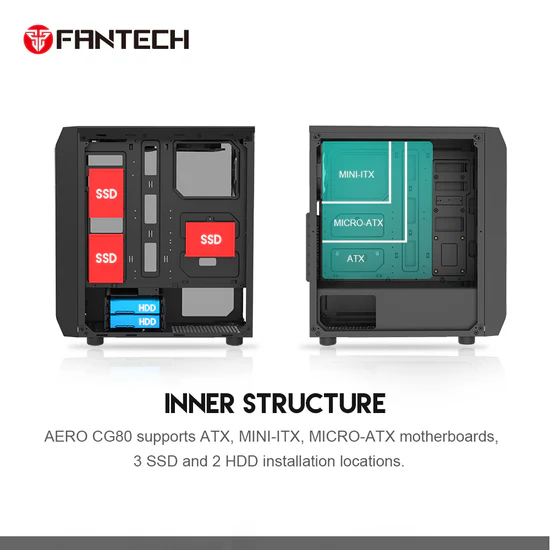 Fantech CG 80 Gaming ATX Computer Case Computer Tower with 4x rainbow fans - Black