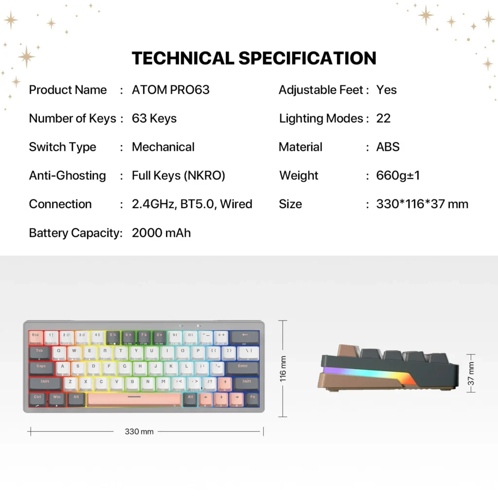 Fantech MK912 ATOM PRO63 RGB Bluetooth, Wireless Gaming keyboard Saturn