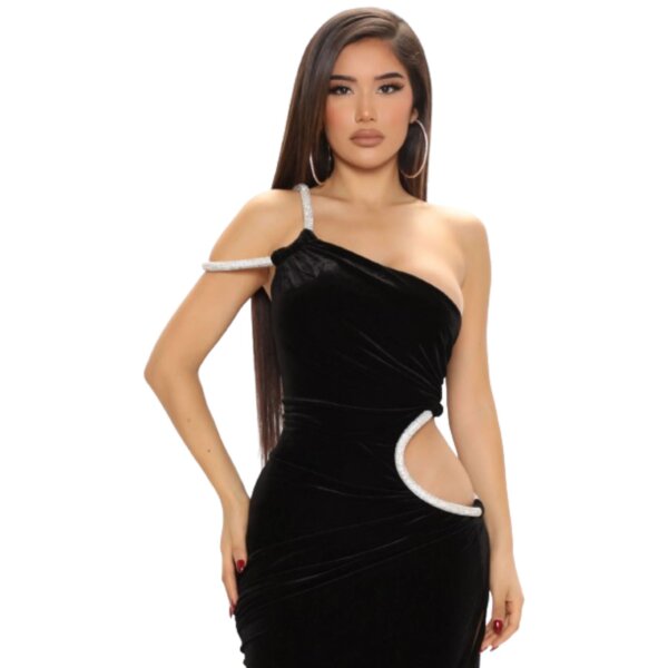 High Slit Cutout One Shoulder Velvet Gown - Image 2
