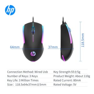 HP M160 Wired Gaming Mouse with High Performance Optical 7 Colors Rainbow LED